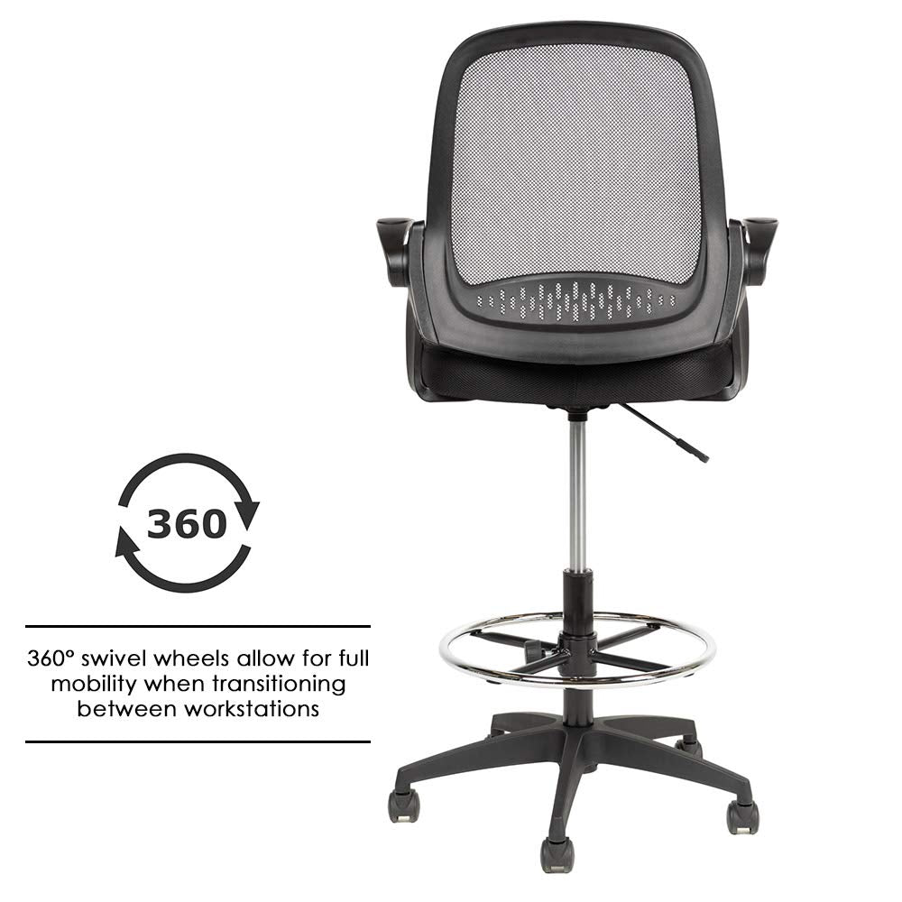 BestOffice Drafting Chair Tall Office Chair Standing Desk Chair Mesh Computer Chair Adjustable Height with Lumbar Support Flip Up Arms Swivel Rolling Executive Chair,Black