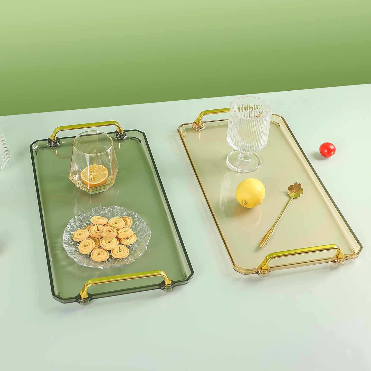 BERGFBV Acrylic Serving Tray with Handles, 16x9 Inch Ottoman Tray, Spill-Proof Coffee Table Tray for Couch, Bedroom & Countertop Decor (Green)