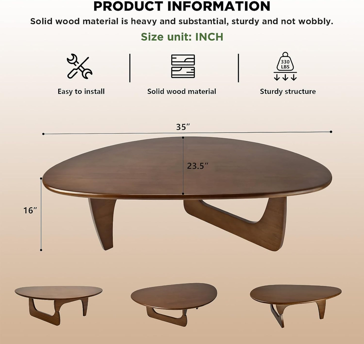 Solid Wood Triangle Coffee Table,Unique Mid Century Modern Oval Coffee Table,Irregular Geometric Tea Tables for Home Living Room with Wooden Tabletop and Reinforced Legs Walnut 35" L x 24" W x 16" H