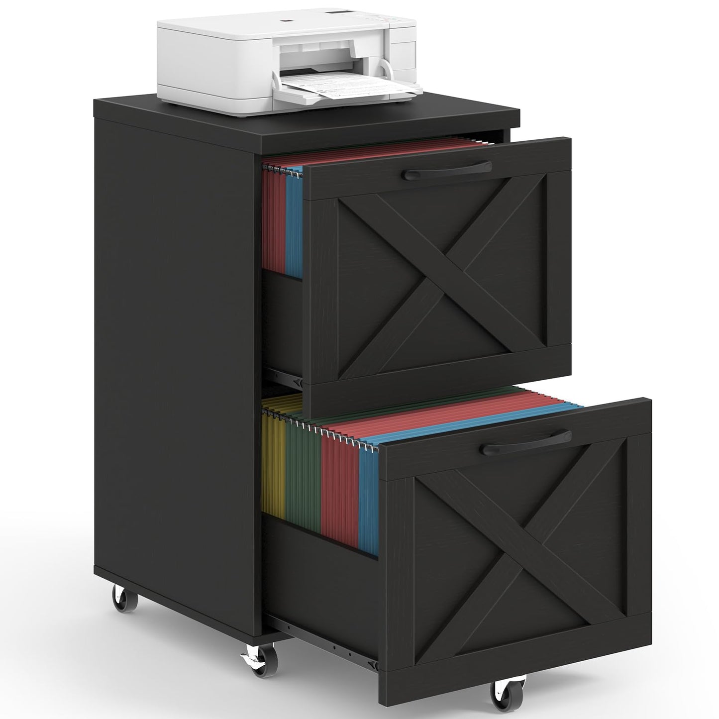 Halitaa 2 Drawer Small File Cabinet with Wheels, Farmhouse Vertical Filing Cabinet Fits A4 or Letter Size, Under Desk Rolling File Cabinets for Home Office, Wooden Printer Stand, Black