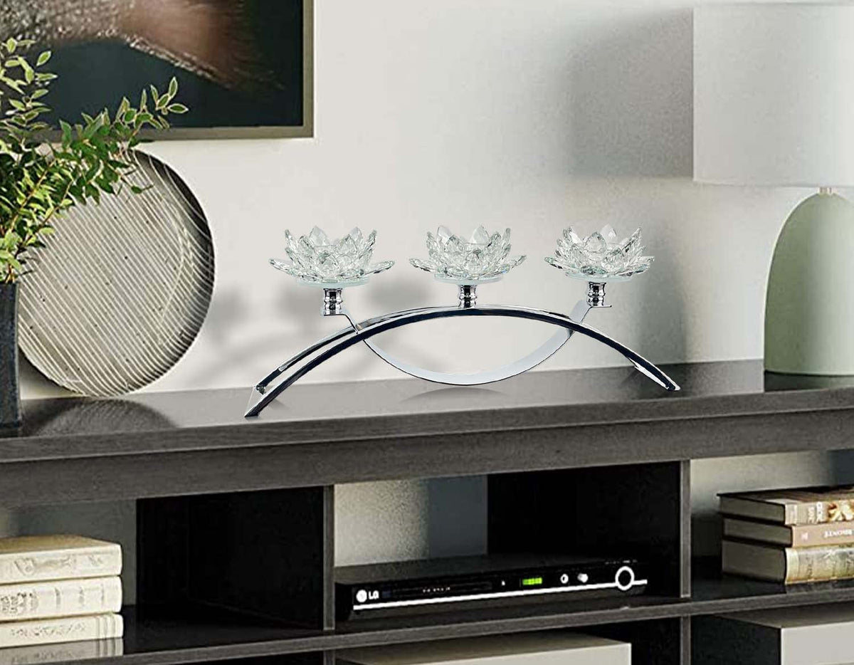 3 Arms Crystal Flower Candle Holder Bringing Tabletop tealight Holder for Party/Dining Room centerpieces (1, Silver)
