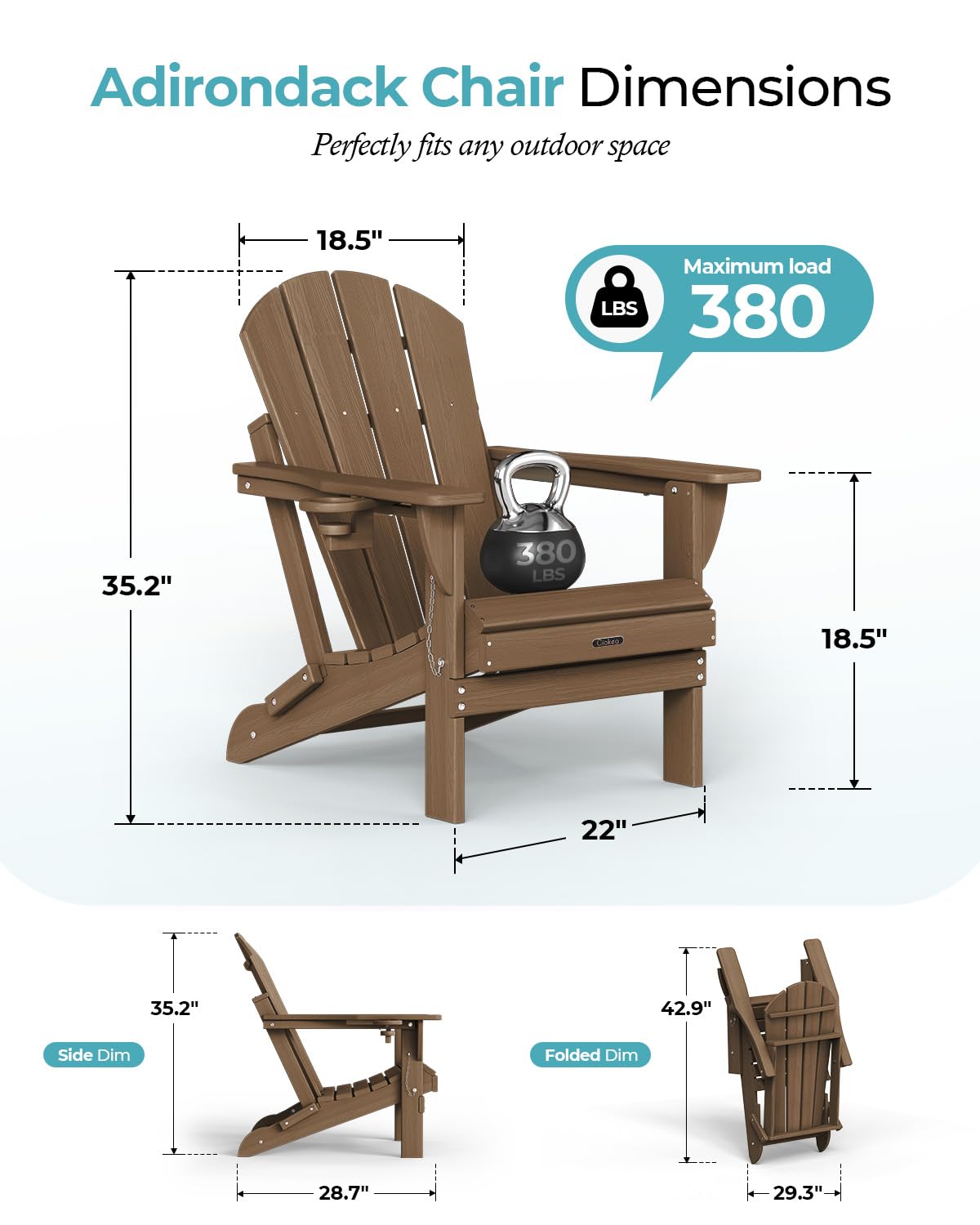Ciokea Folding Adirondack Chair Wood Texture, Patio Adirondack Chair Weather Resistant, Plastic Fire Pit Chair with Cup Holder, Lawn Chair for Outdoor Porch Garden Backyard Deck, Brown