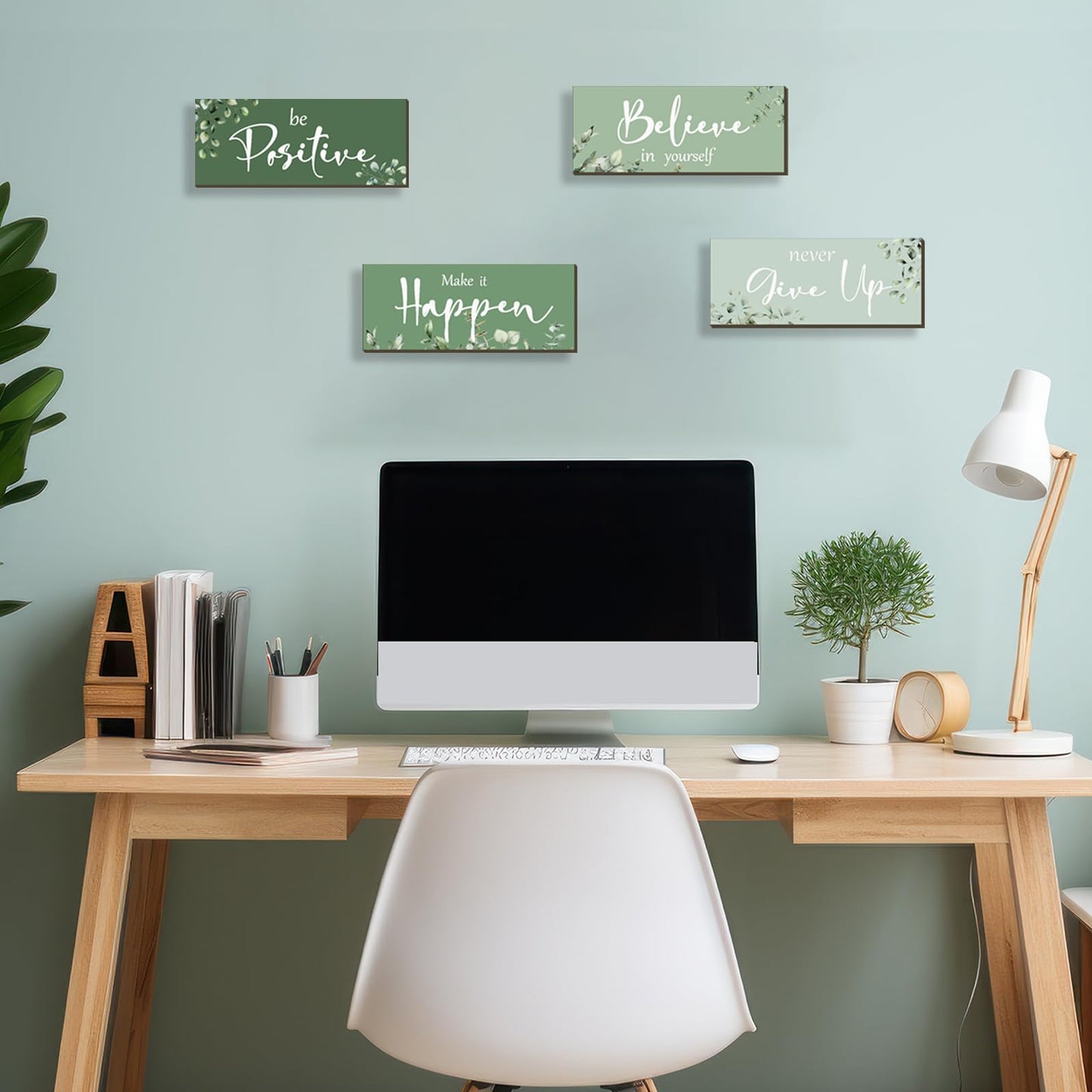 FENCORDAR 4 Pcs Green Office Decor For Women Motivational Wall Decor Inspirational Green Office Wall Decor With Positive Sayings Wooden Hangings for Home Bathroom Bedroom Kitchen(10x4")