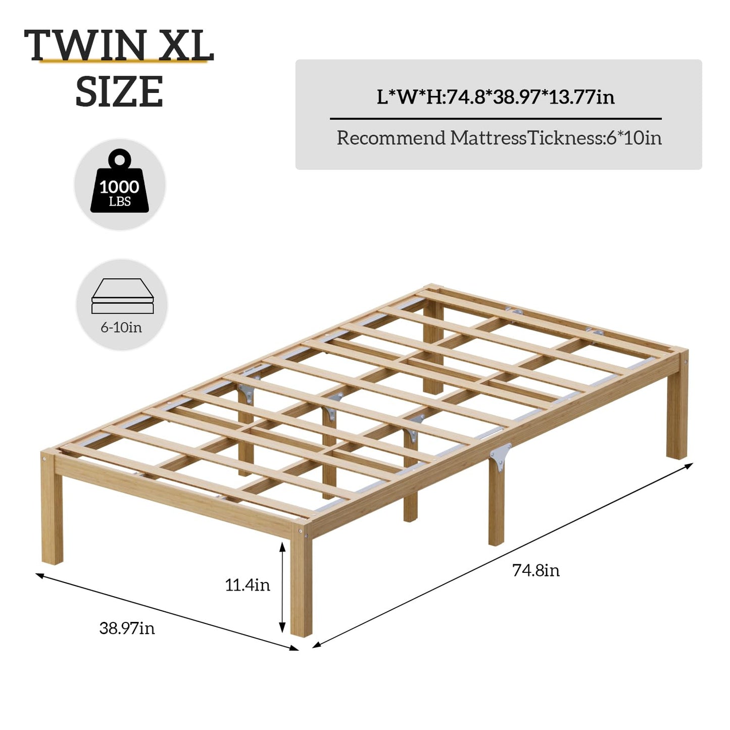 Bamboo Bed Frame Twin Size Wood Platform Bedframe Solid Stable with Non-Slip Slats Support Tall Bed No Box Spring Needed Heavy Duty Easy Assembly Noise Free Nature