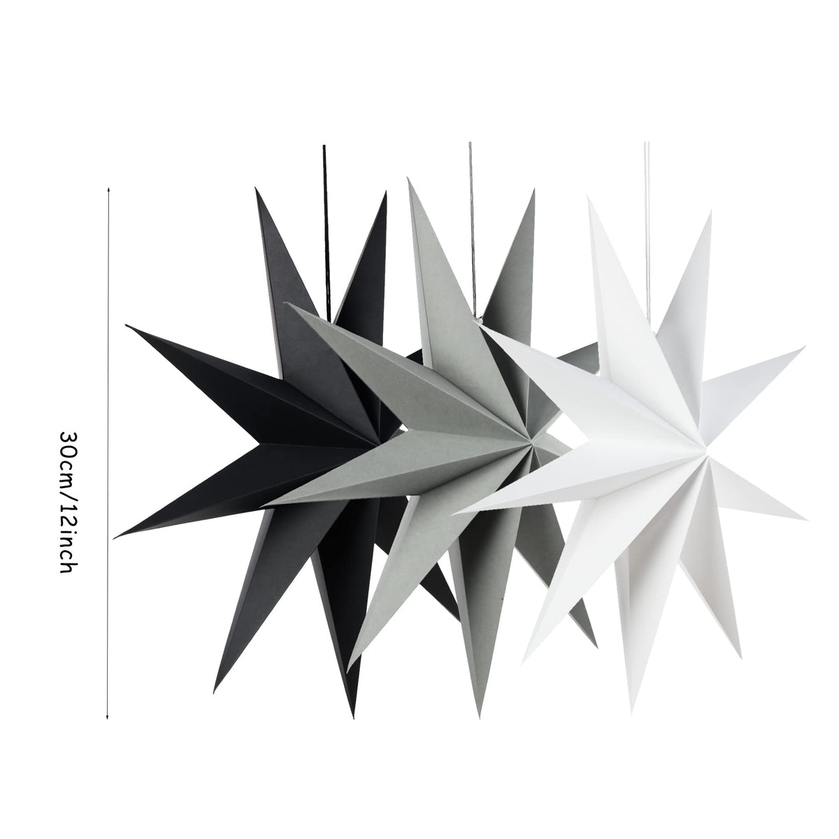 SUNBEAUTY 3 Pcs 9-Pointed Paper Star Lanterns 12 Inch Hanging Lampshade Wedding Birthday Christmas Home New Year Party Decorations