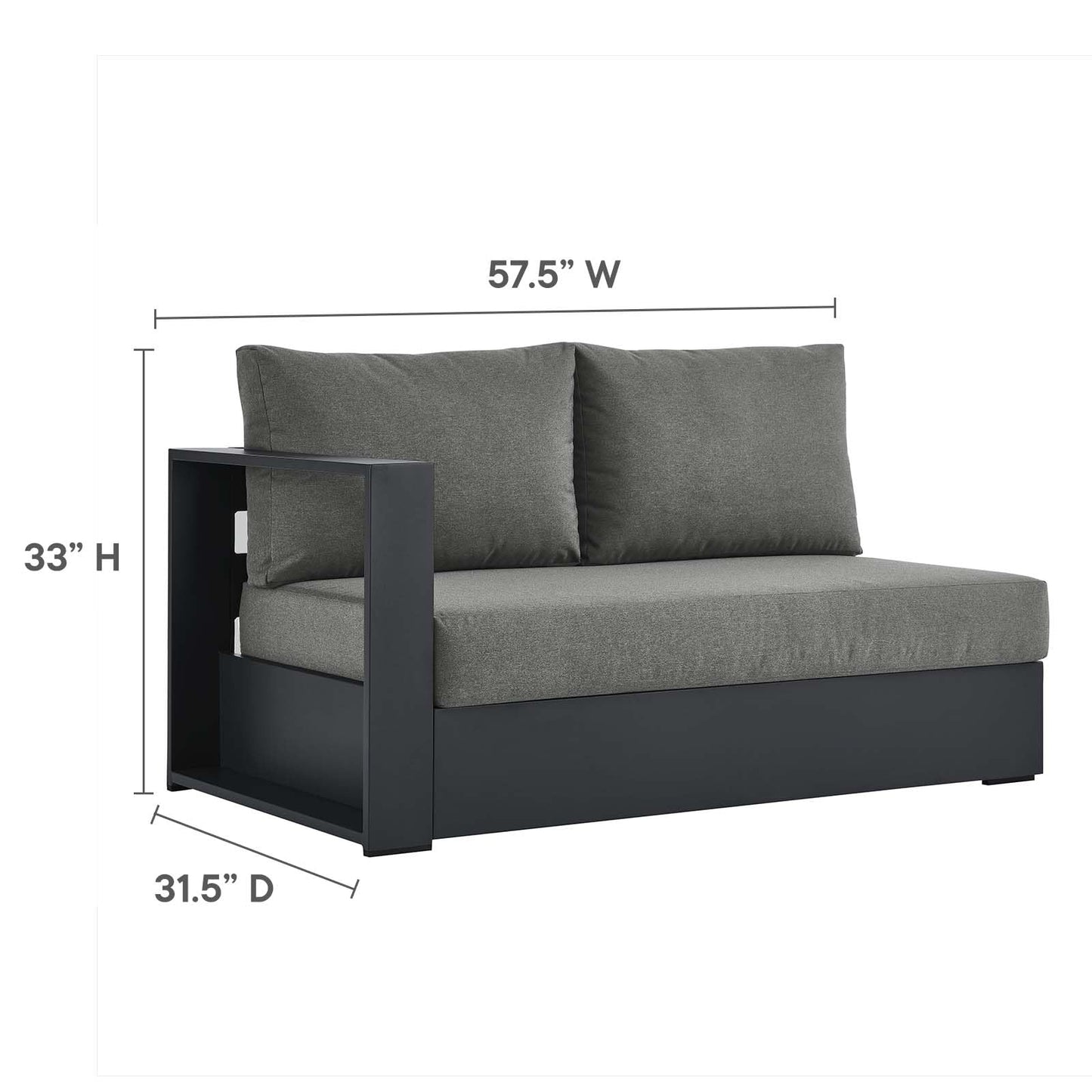 Modway Tahoe Aluminum 3-Piece Outdoor Patio Furniture Gray Charcoal, Modular Sectional Sofa Set with Weather-Resistant Cushions, Ideal for Deck, Backyard Poolside