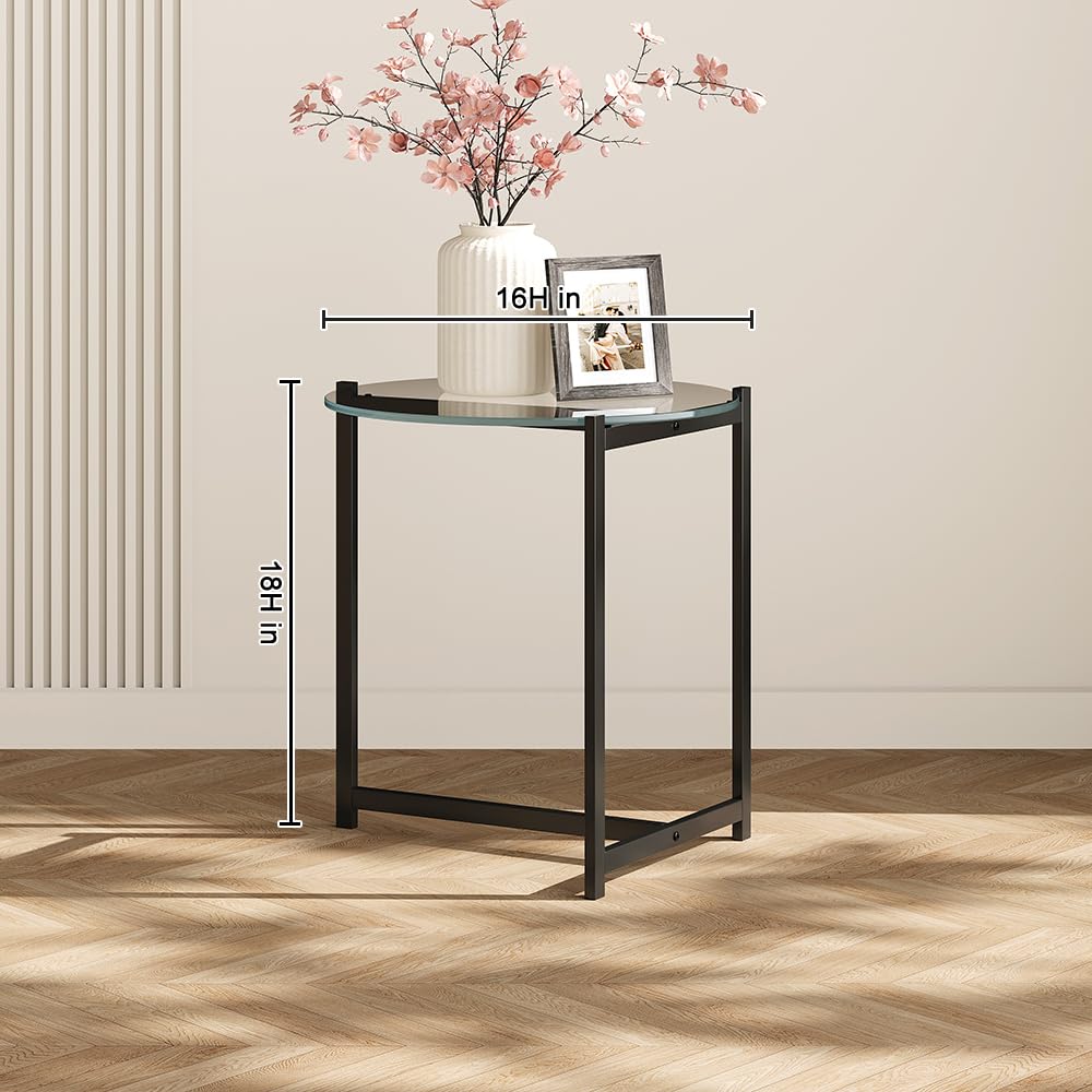 Cuizehua 16 Inch Round Glass Coffee Table, Tempered Clear Glass Top with Sturdy Black Metal Frame, Easy Assembly Modern Side Table/End Table for Living Room, Bedroom, Office