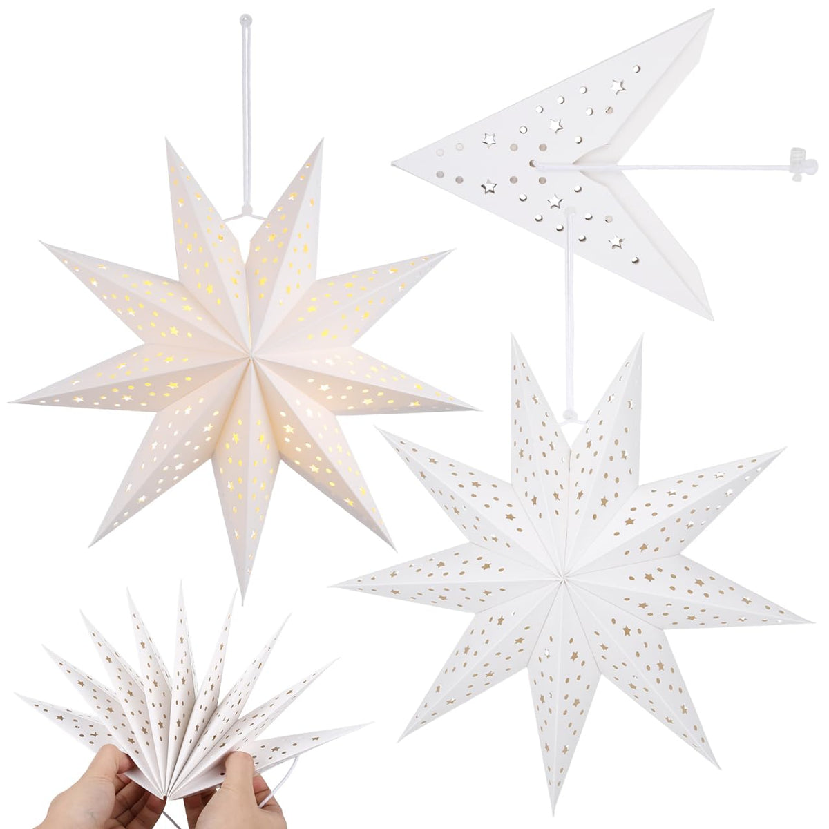 Toddmomy 3 Pack 14 Inch White Paper Star Lampshades - 3D Hollow Hanging Pendant Decor Paper Star Lanterns for Christmas Wedding Birthday Home Party Festival New Year Valentine's Day