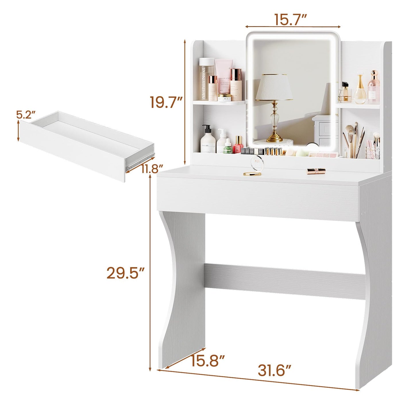 Driftalia Small Vanity Desk with Mirror and Lights, Makeup Vanity with Storage Drawer, 2 Shelves and 3 Compartments - White