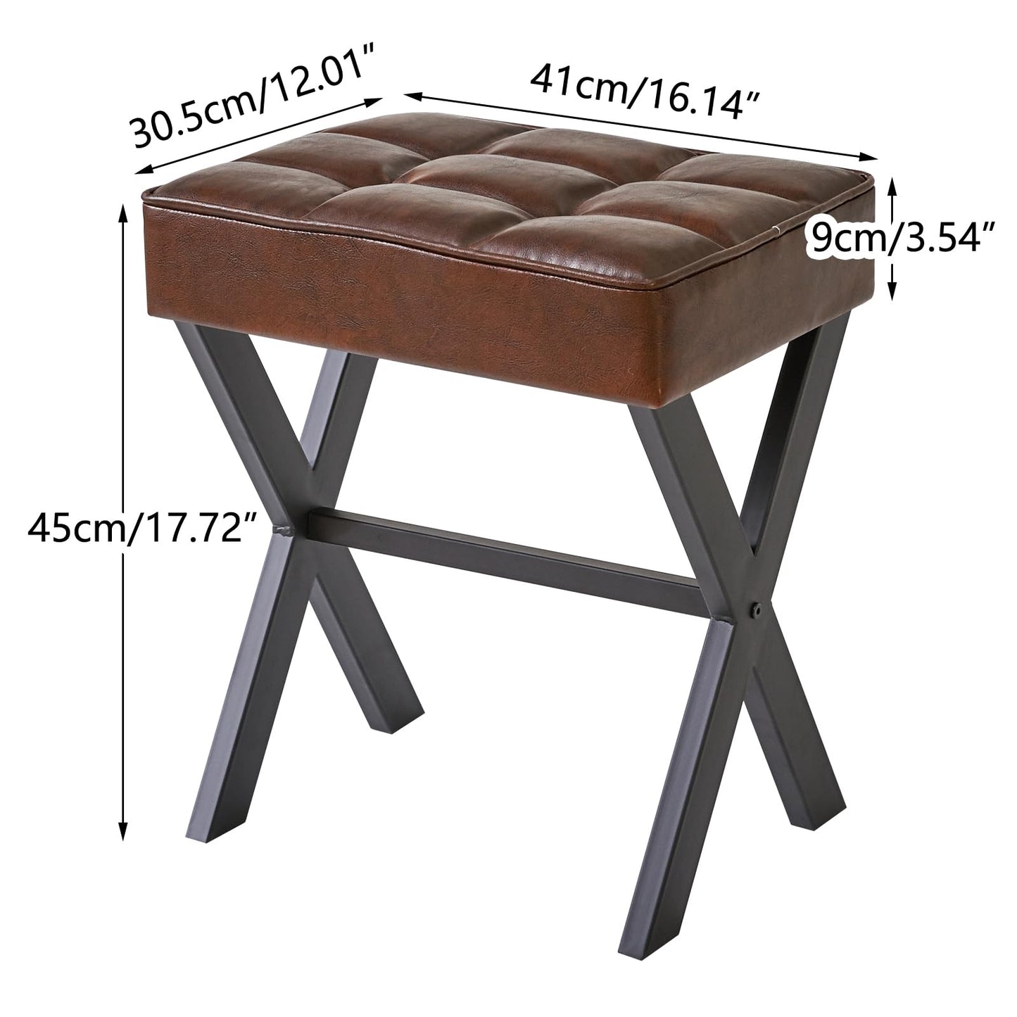 IBUYKE Square Makeup Stool with X-Leg Foot Rest, PU Footrest, Ottoman Seat, Multi-Use as Small Side Table, for Bedroom, Living Room, Light Brown LG-71J