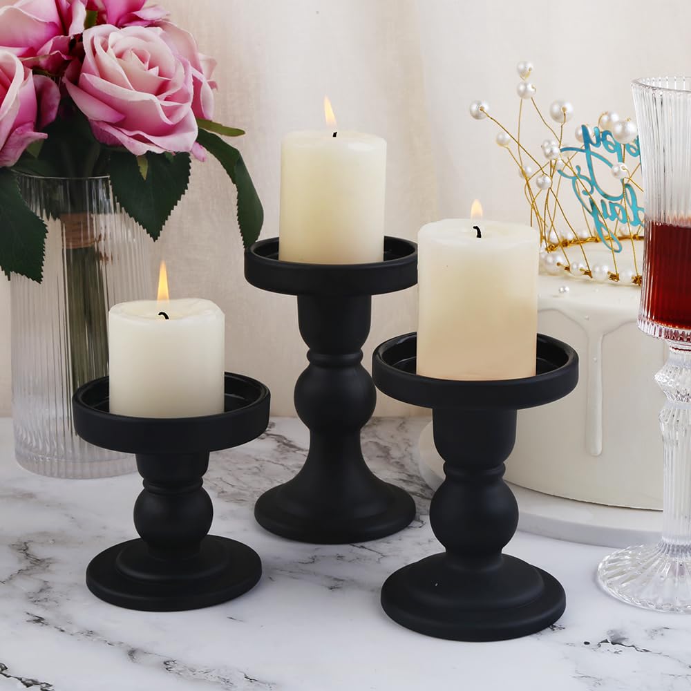 BTGLLAS 6-Piece Set of Black Glass Candlestick, Crystal Candlestick Holder Holder and Conical Candle, Christmas Candle Holder Decoration, Family Living Room Wedding Candle Holder (black2sets)