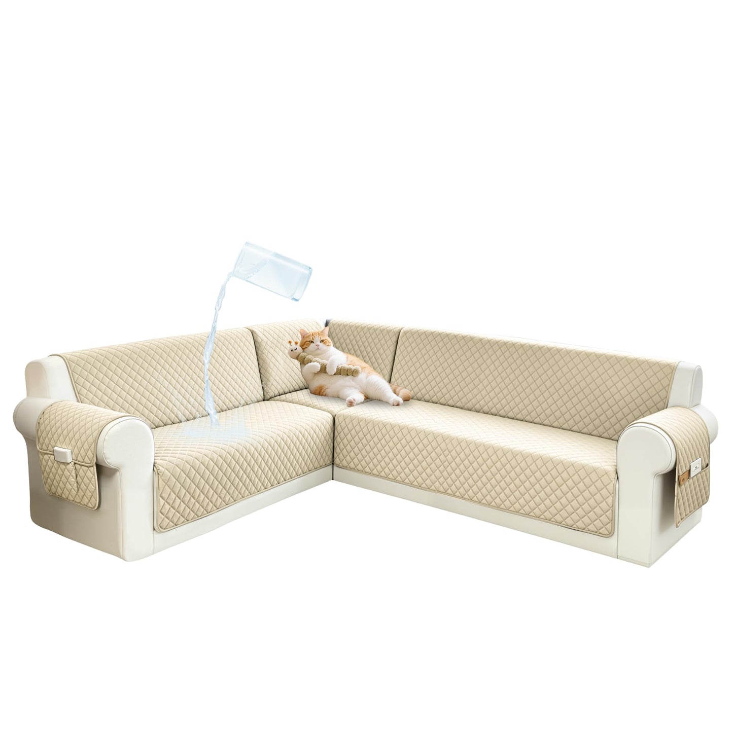 SYJOVIA Sectional Couch Covers for Dogs 100% Waterproof Corner L Shaped Sofa Cover Pet Friendly Velvet Washable Anti Slip L Shape Modular Sofa Slipcover Protector with Pockets (Beige, X-Large)