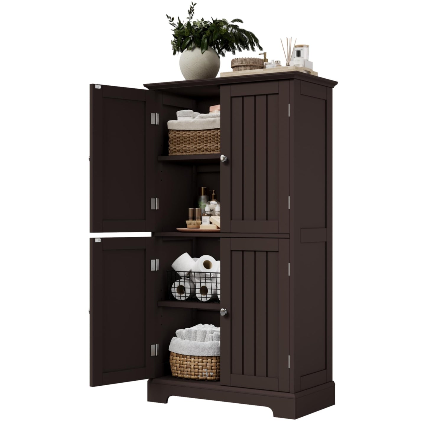 ChooChoo Bathroom Floor Cabinet, Modern Bathroom Storage Cabinet with 4 Doors and Adjustable Shelves, Freestanding Cupboard for Living Room, Espresso
