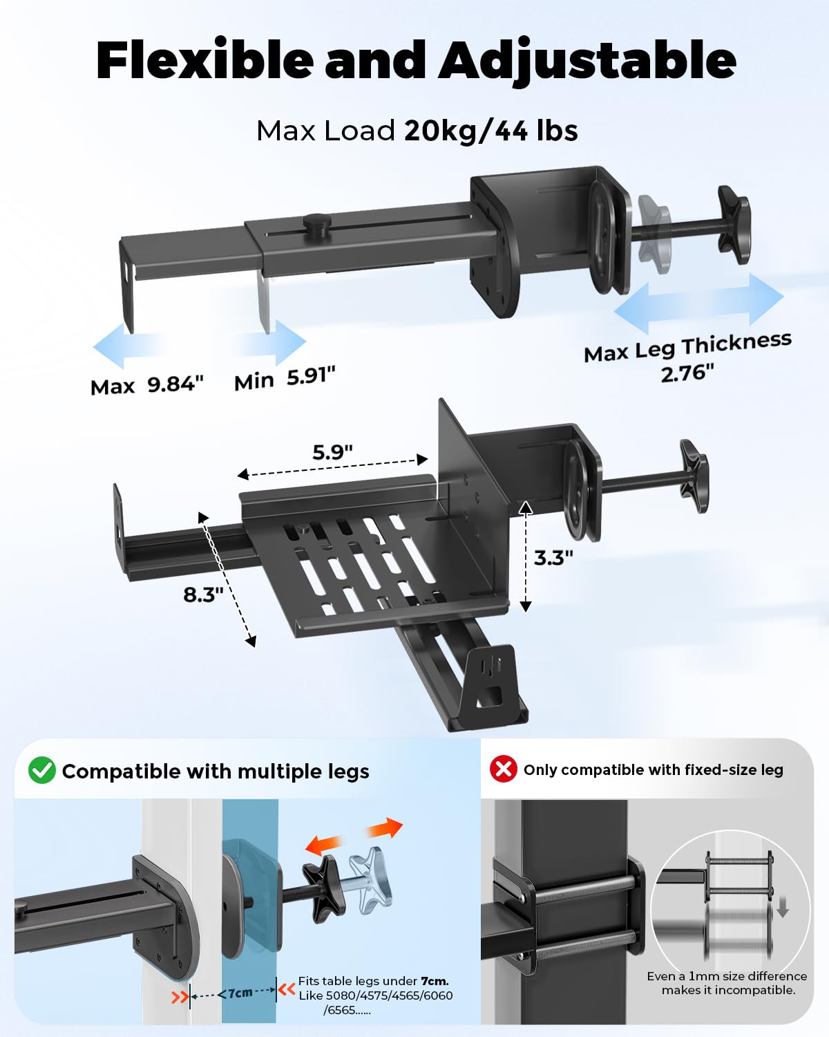 JOY worker No Drilling Under Desk PC Mount for Standing Desk, Clamp-On Desk Leg Computer Mount with Extra Protective Arms, Adjustable Computer Case CPU Holder Holds Up to 44lbs, Black