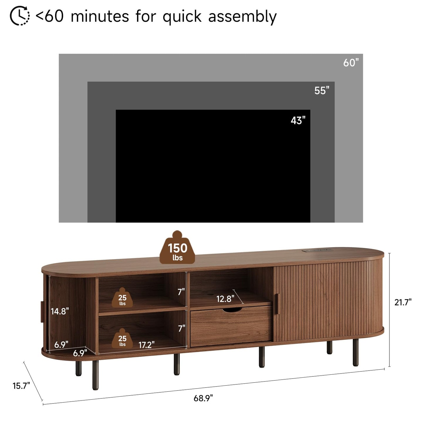 69" Mid-Century TV Stand with Power Outlet, Fluted Entertainment Center with Storage Drawer, TV Console with Sliding Door and Adjustable Shelves, TV Stand up to 80" for Living Room, Bedroom, Walnut