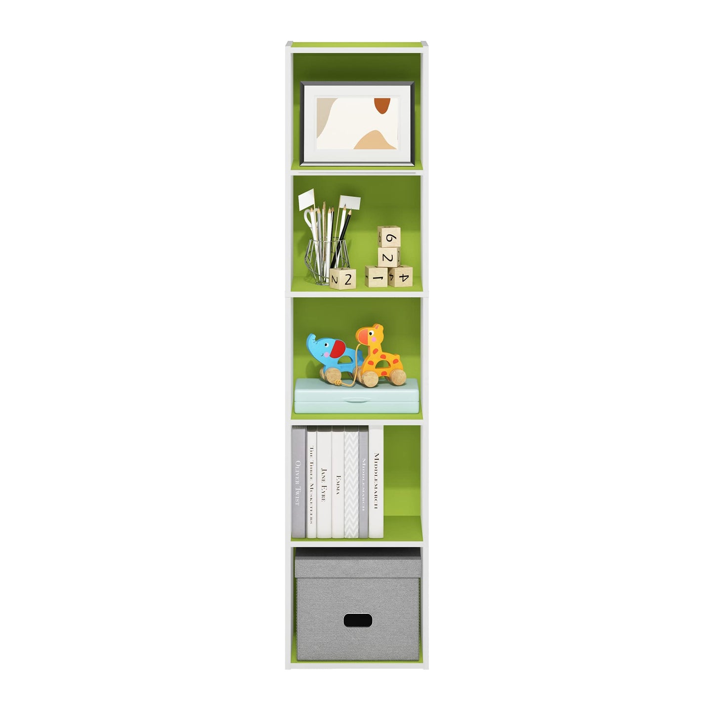 Furinno PASIR Book Shelf, 5-Tier Modern Bookshelf, Open Shelves Bookcase 9 x 12 x 52, Easy Assembly, for Living Room, Bedroom, Home Office, Green/White