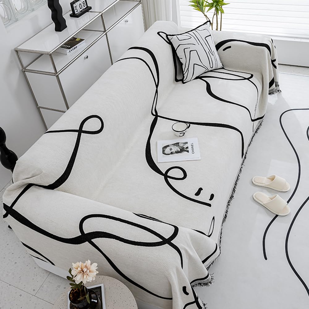 ERICSF Black and White Double-Sided can Cover Chenille Sofa Towel Full Covers Cloth Four Seasons Universal Models Straight Row a Piece of Non-Slip Sets Cover (71 * 71 inch)