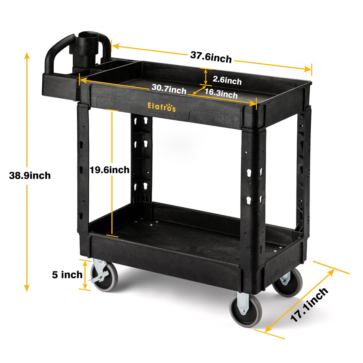 ELAFROS Utility Cart with Ergonomic Handle and Built-in Tool Compartments - 37.5" x 17" Work Cart W/Deep Shelves Safely Holds up to 550 lbs - 2 Tier Rolling Cart,Black