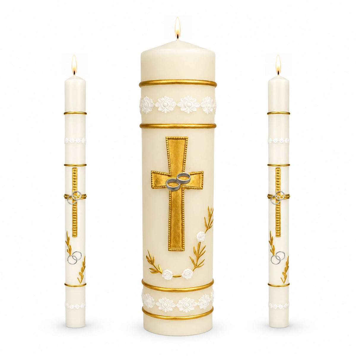 Unity Candles for Wedding Ceremony Set,Wedding Candles 1 Pillar 11.5 Inch and 2 Taper 10 Inch Set 3,Catholic Religious Ceremony Accessories,Velas para Boda (Cross & Rings)