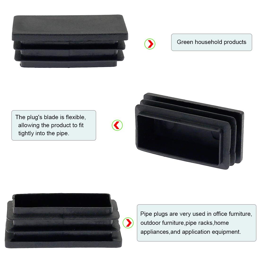 Suiwotin 12PCS 3/4 x 1 1/2 Inch (20x40mm) Rectangle Black Plastic Plug End Cap Plastic Rectangle Furniture Foot Table Chair Legs Tube Inserts Pipe Tubing End Cap