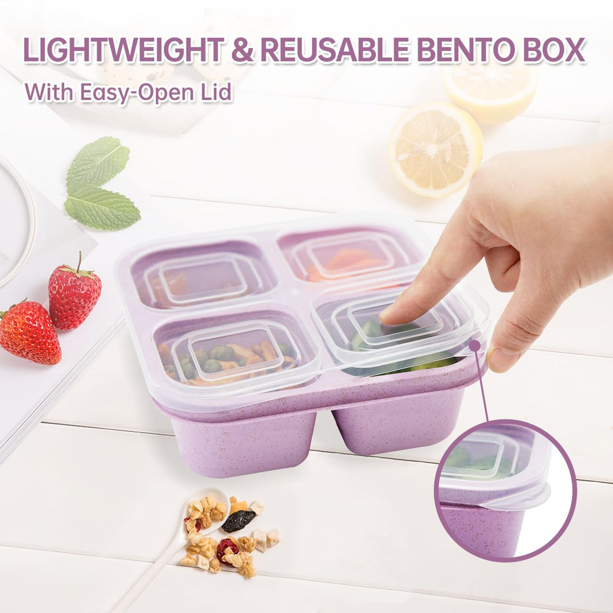 Luriseminger 5 Pack Bento Lunch Box,4 Compartment Snack Containers,Divided Snack Box,Meal Prep Lunch Containers FOR Kids/Toddle/Adults,Food Storage Containers for School, Work and Travel