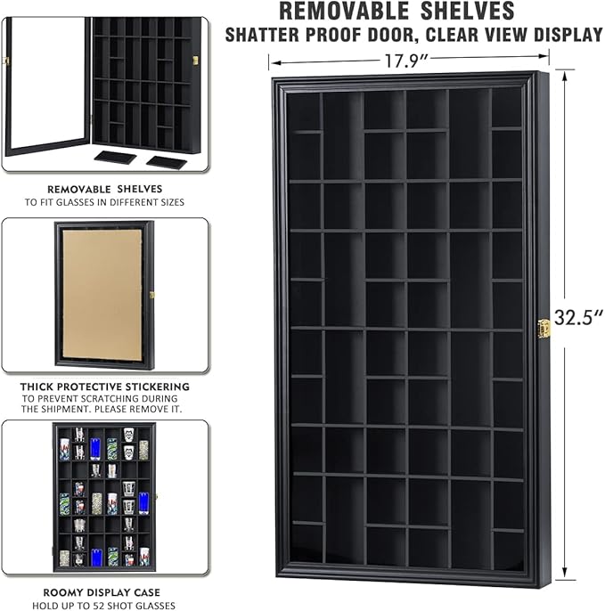 Shot Glass Display Case Large Wooden Cabinet Rack Holder Wall Mounted Black