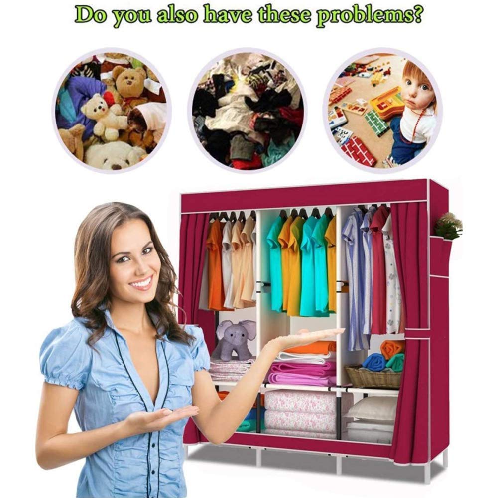 OTHZON Notecanvas Wardrobes Portable Closet Wardrobe with 2 Side Pockets and 3 Clothes Hanger Rods, Easy to Assemble Used in Bedroom, Cloakroom Clothes, Shoes, Toys,D