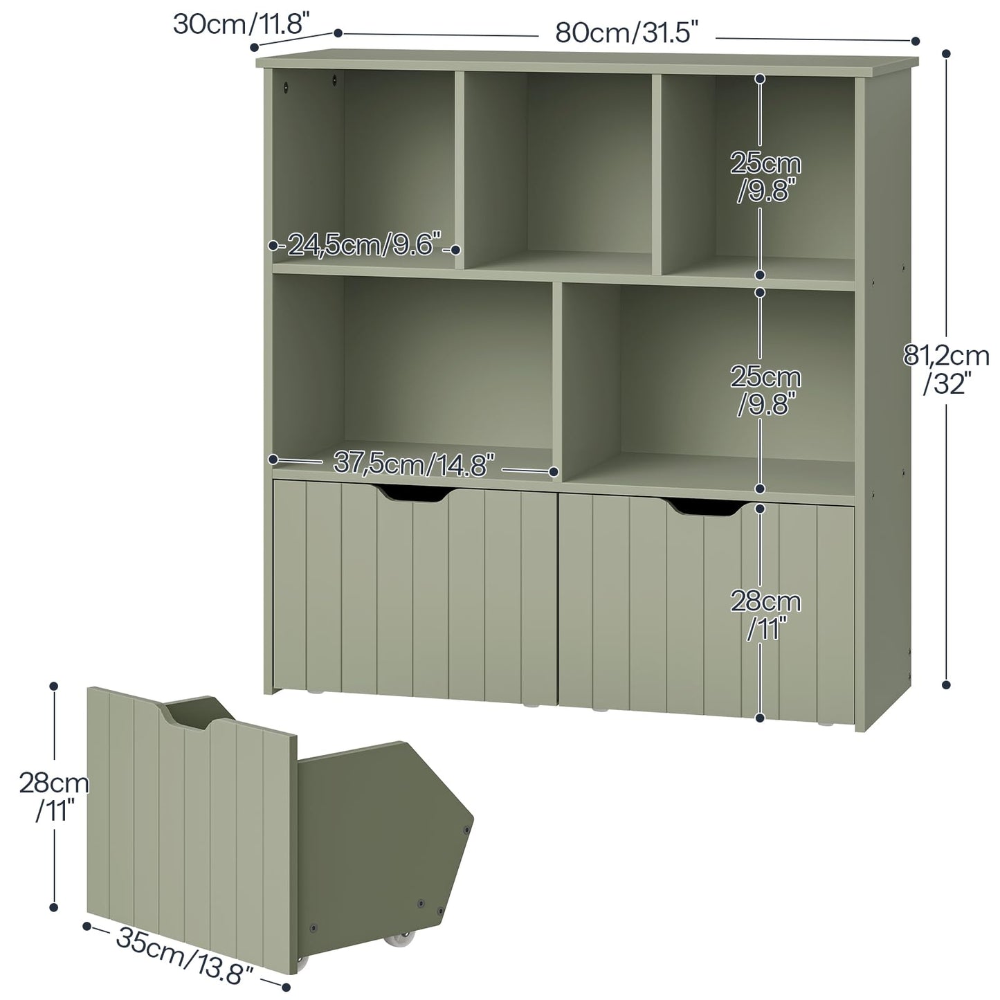HOOBRO Toy Storage Organizer, Toy Organizers and Storage with 2 Movable Drawers and 5 Cubbies, Toy Chest Shelf for Books or Dolls, Kids Bookshelf and Toy Storage for Playroom, Green GN88CW01