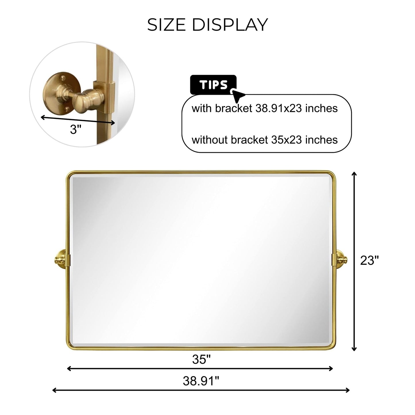 TEHOME Horizontal Pivot Bathroom Mirror Tilting Gold Metal Framed Pivot Rectangle Rounded Rectangluar Vanity Mirrors for Wall, Overall 38.91 x 23 inches (Mirrror 35 x 23 inches)