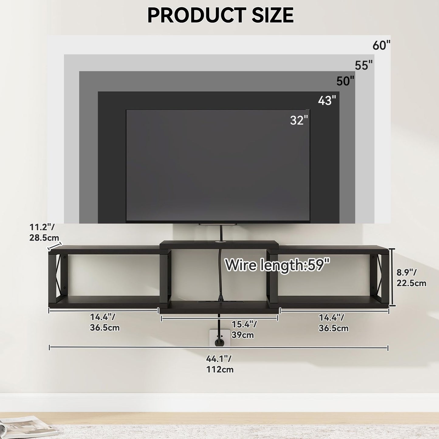 IBUYKE Floating TV Stand with Power Outlet,Wall-Mounted Floating Stand for TVs up to 55",Metal Wall Entertainment Center,Wall Mounted TV Shelf with Storage for Living Room Bedroom,Black UWST011B
