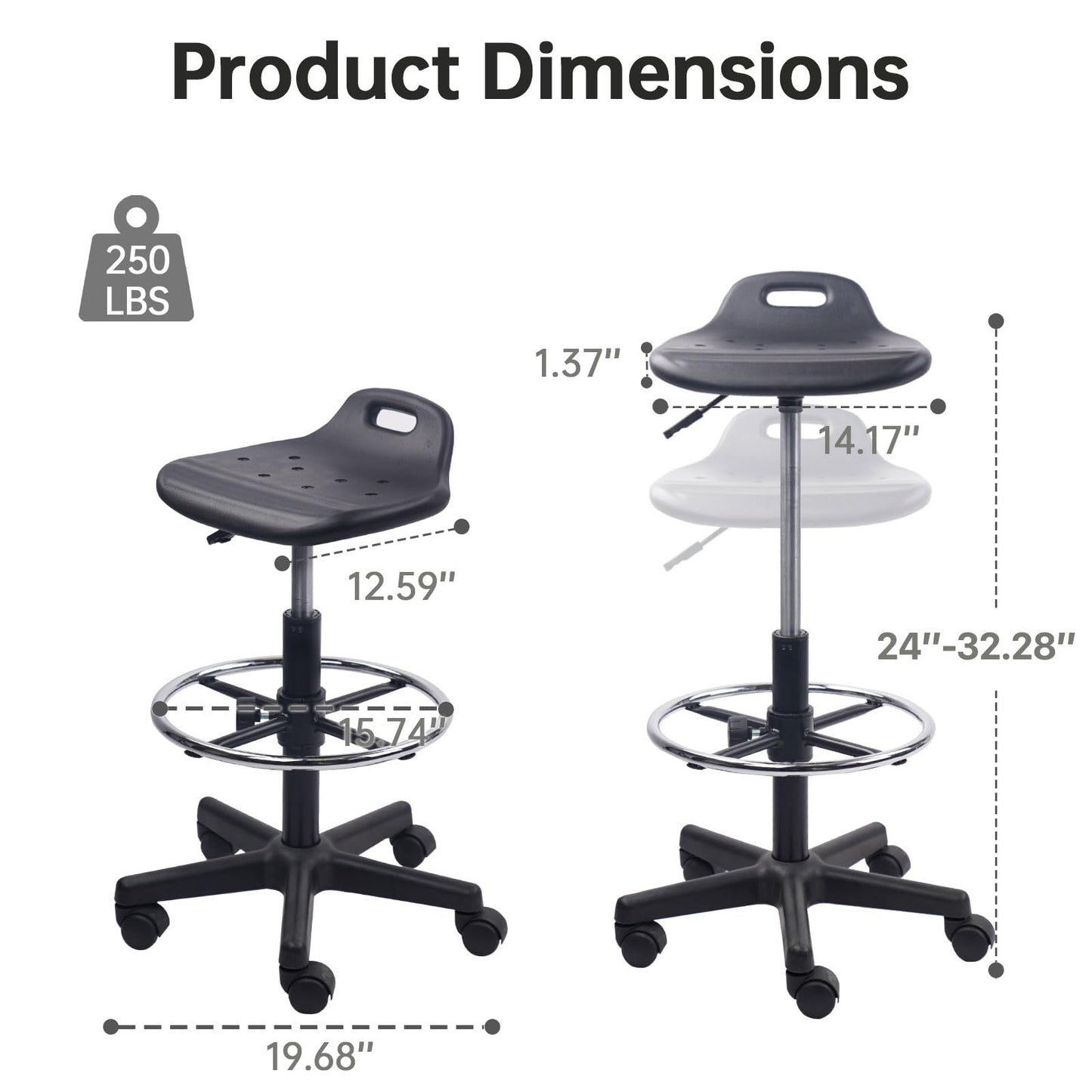 KLASIKA Drafting Rolling Stool Adjustable Height with Foot Rest Breathable Seat Cushion Swivel Stools with Wheels, Multi-Purpose Work Stool for Shop, Task, Salon, Black, 1 Pack