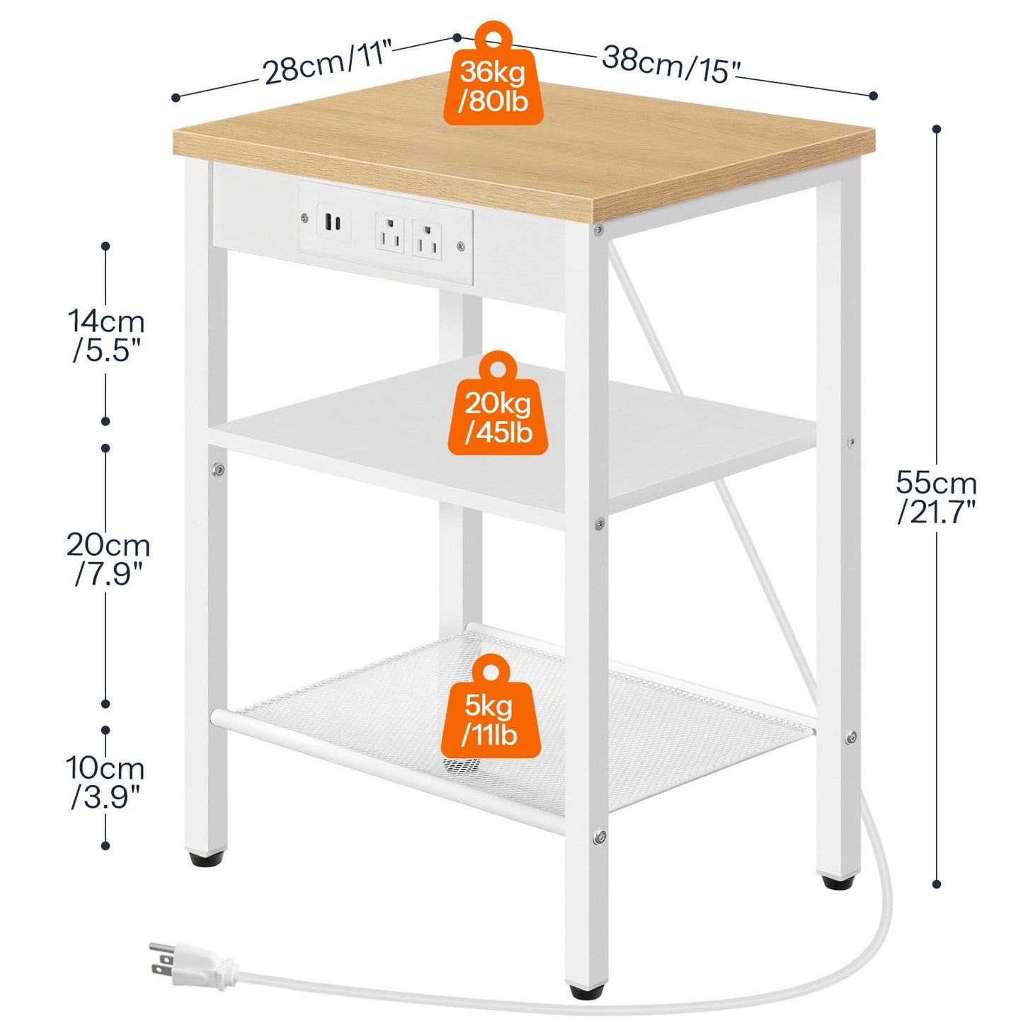 HOOBRO Side Table with Charging Station and USB Port, Small End Table for Small Space, 3-Tier Nightstand with Adjustable Shelf, for Living Room, Bedroom, Natural and White WN112BZ01