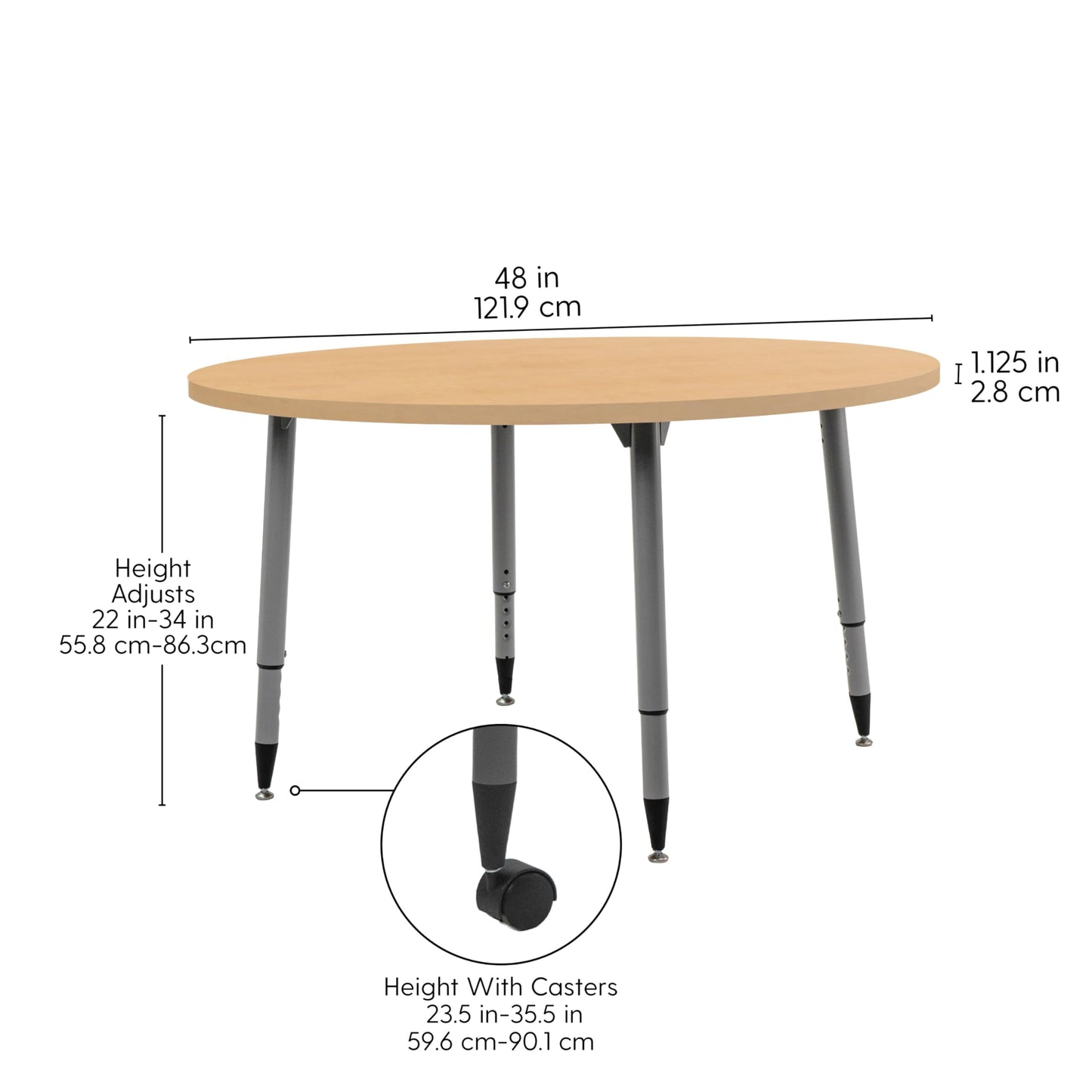 Adapte Commercial Classroom Activity Table - 48" Round Woodgrain, ADA Compliant Tapered Legs with Glides & Casters, Adjustable Height 22-34" Wheelchair Accessible, School & Office Furniture