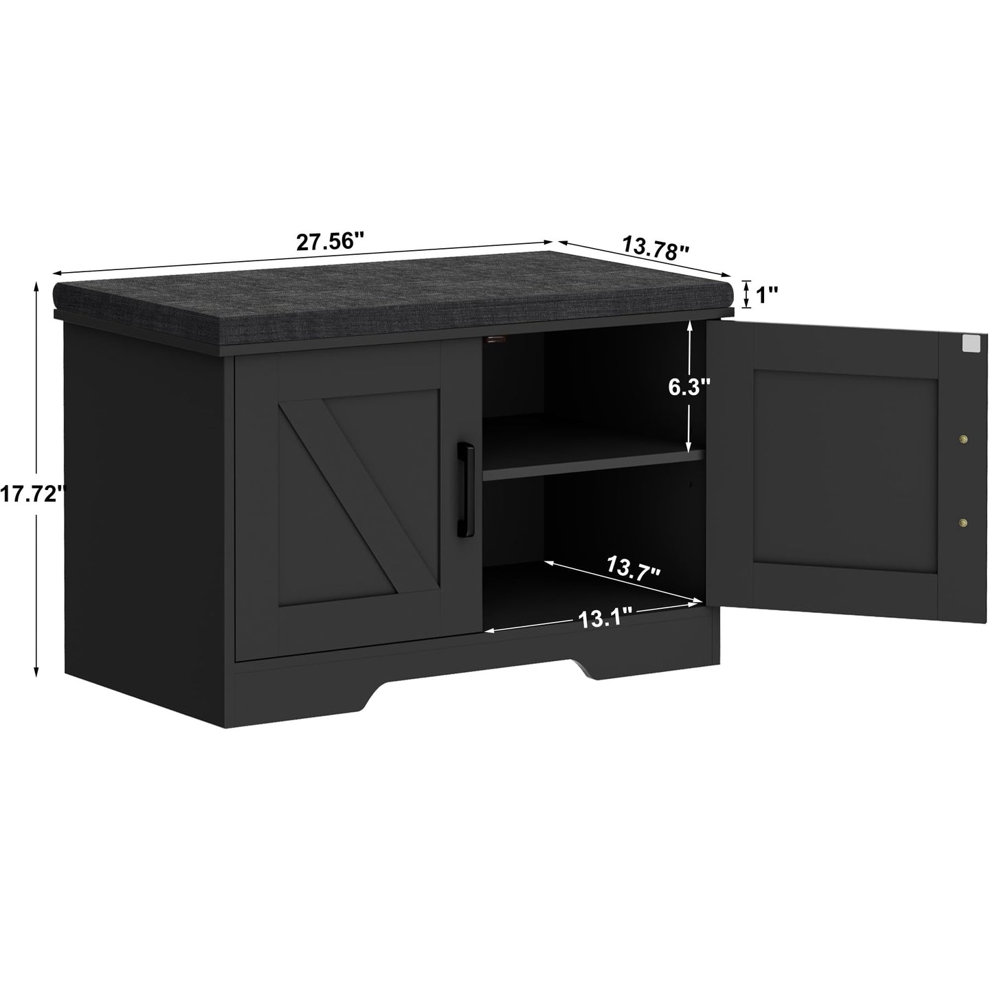HOMSHO 2-Tier Storage Bench, 27.6" Wide Shoe Bench with Padded Seat Cushion, Entryway Bench with 2 Barn Doors and Adjustable Shelf, Black