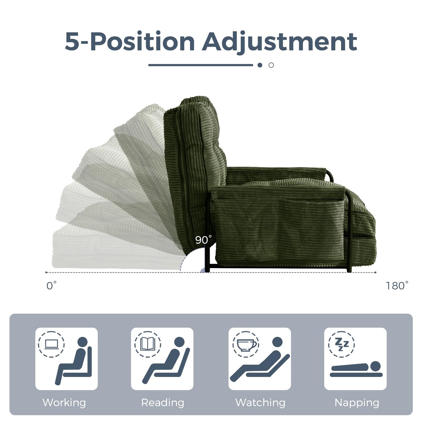 MAXYOYO Adjustable Floor Sofa Couch with Pillow, Multi-Functional Bean Bag Bed, 5-Position Foldable Lazy Sofa Bed with Armrest, Versatile Floor Seating for Reading, Dark Green, Single