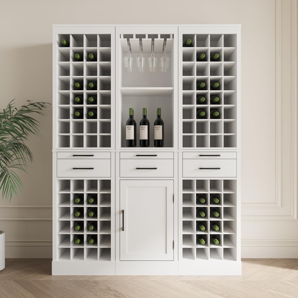 Brown Walnut Color Modular Wine bar Cabinet with Storage Shelves with Hutch for Dining Room (White + MDF)