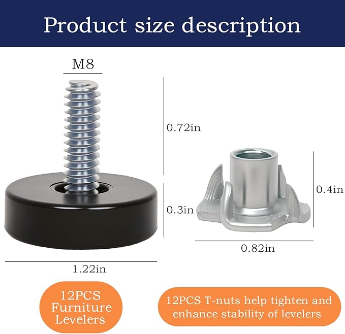 24 PCS M8 Thread Furniture Feet Levelers, Furniture Leveling Feet