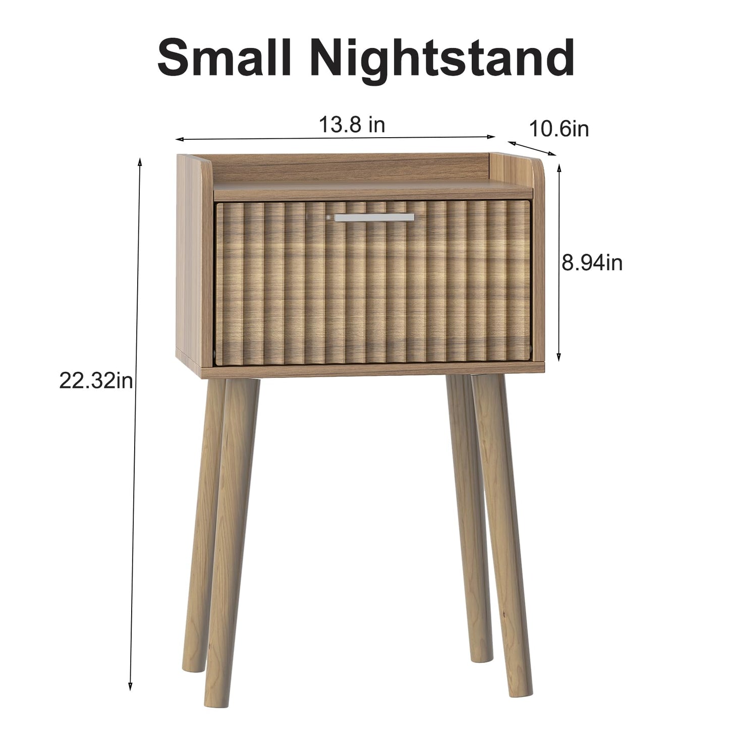 LAATOOREE Small Nightstand Set of 2, Side End Table with Fluted Door, Bedside Table with Solid Wood Legs, Mid-Century, for Bedroom, Small Beds