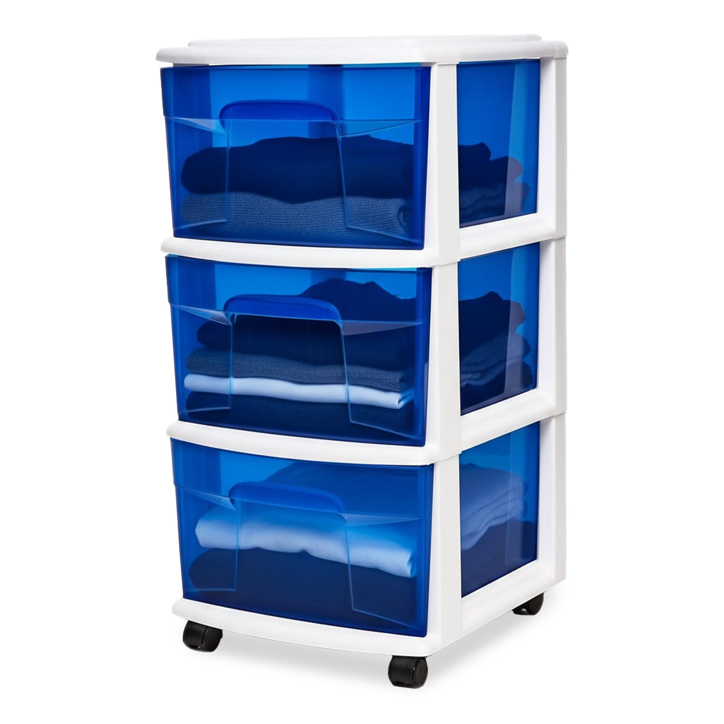 HOMZ Drawer Tower, 3-Tier Clear Blue Plastic Storage Organizer Cart, White Frame - Rolling Drawer Containers with Wheels for Bathroom, Bedroom, Office, and Classroom Organization