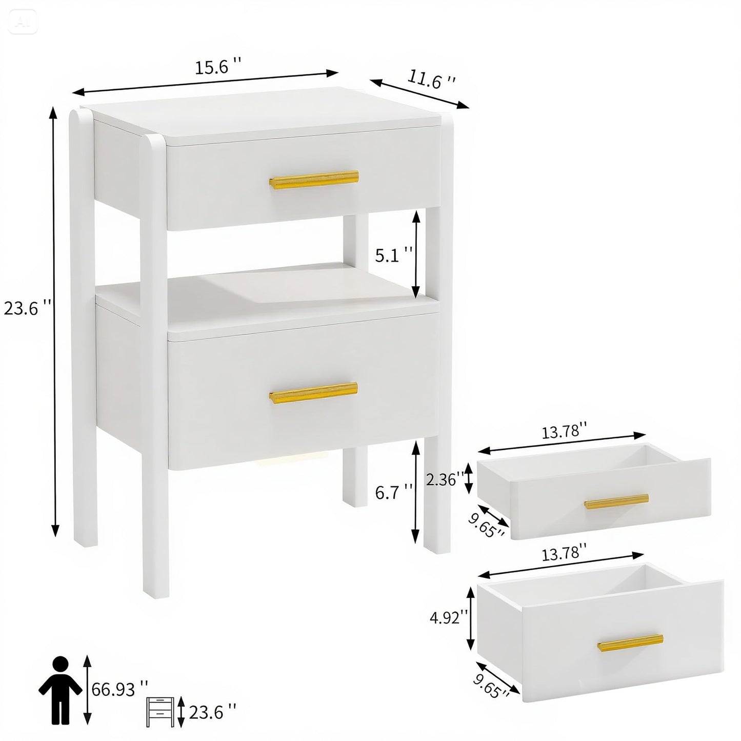 Tltaroni White Nightstand with 2 Drawers and Open Shelf Wood Bedside Table Gold Handles Storage Night Stand with Light for Bedroom