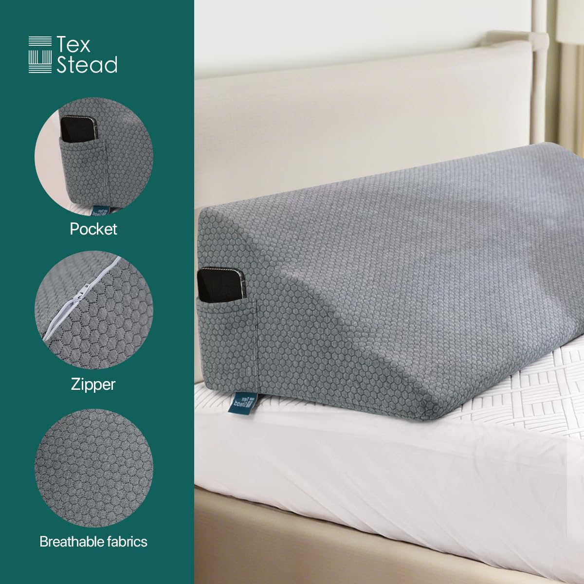 CHERRYARN King Size Headboard Wedge Pillow – Ergonomic Incline Foam Cushion for Back, Neck & Shoulder Support, High-Resilience Daybed Pillow with Washable Anti-Pilling Cover, Gray 76"x11.8"x19.68"