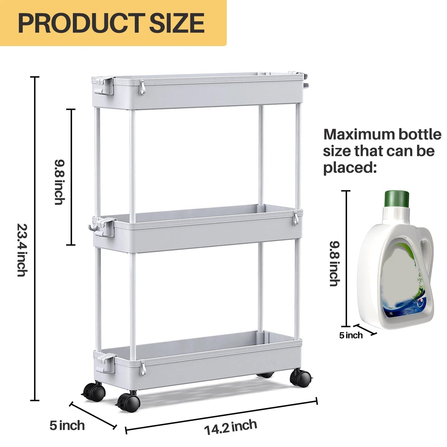 SPACEKEEPER Slim Rolling Storage Cart, 3 Tier Storage Organizer Laundry Room Organizer Mobile Shelving Unit, Multi-Purpose for Kitchen Office Bathroom Laundry Narrow Places, Gray