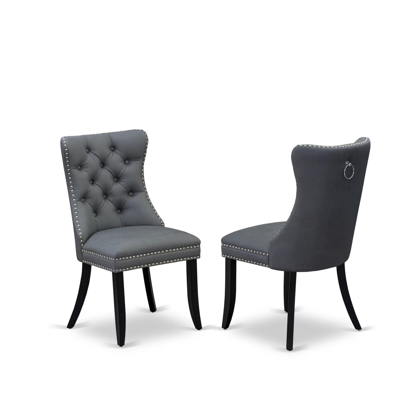 East West Furniture DAP6F13 Dallas Parsons Dining Chairs - Button Tufted Nailhead Platinum Gray Polyester Fabric Padded Chairs, Set of 2, Wirebrushed Black