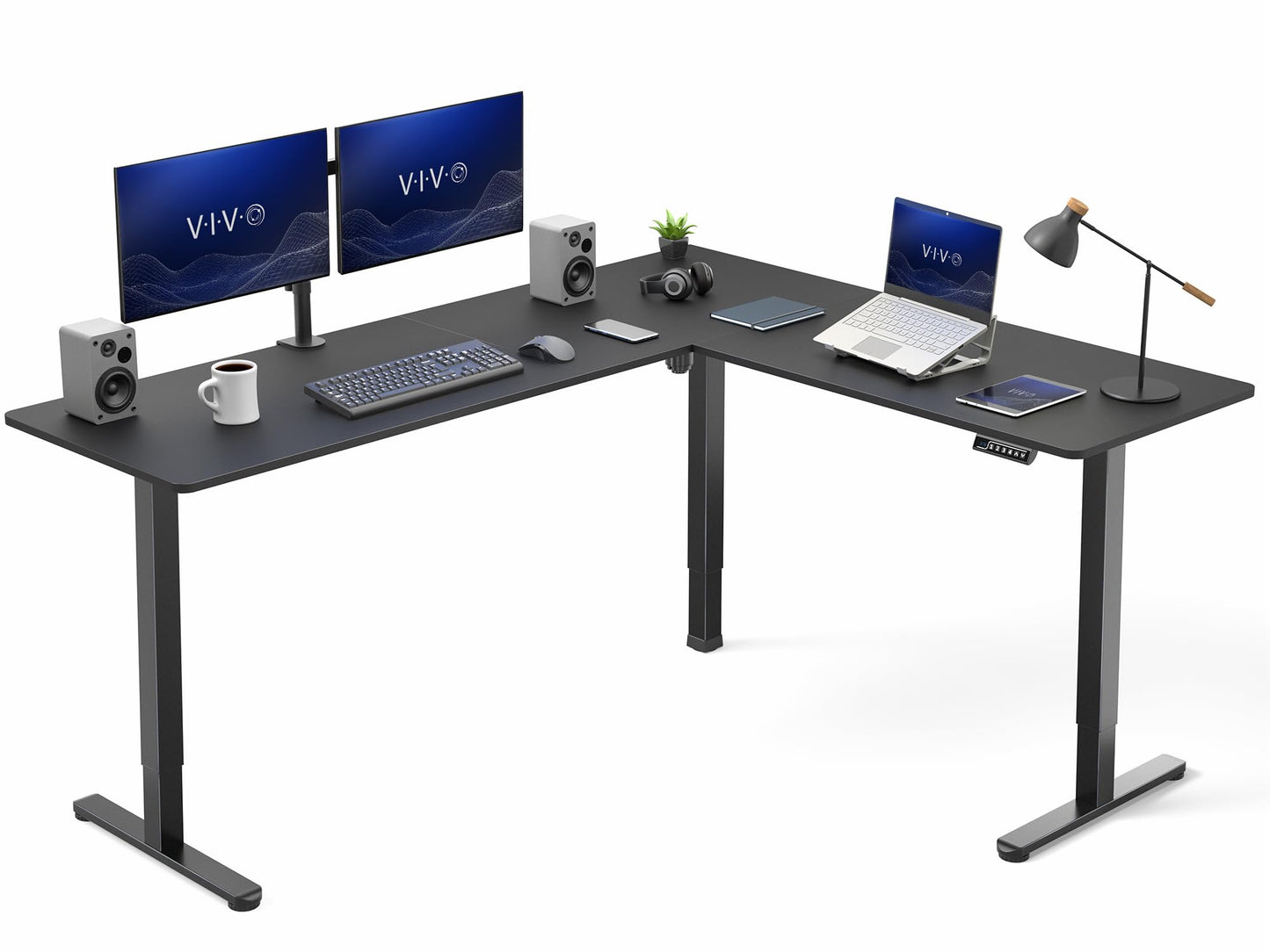 VIVO Corner Standing Desk, 75 x 63 inch Reversible L-Shaped Workstation, Electric Height Adjustment, Home, Office, and Reception Rooms, Black Table Top Black Frame, DESK-E3CTB-75