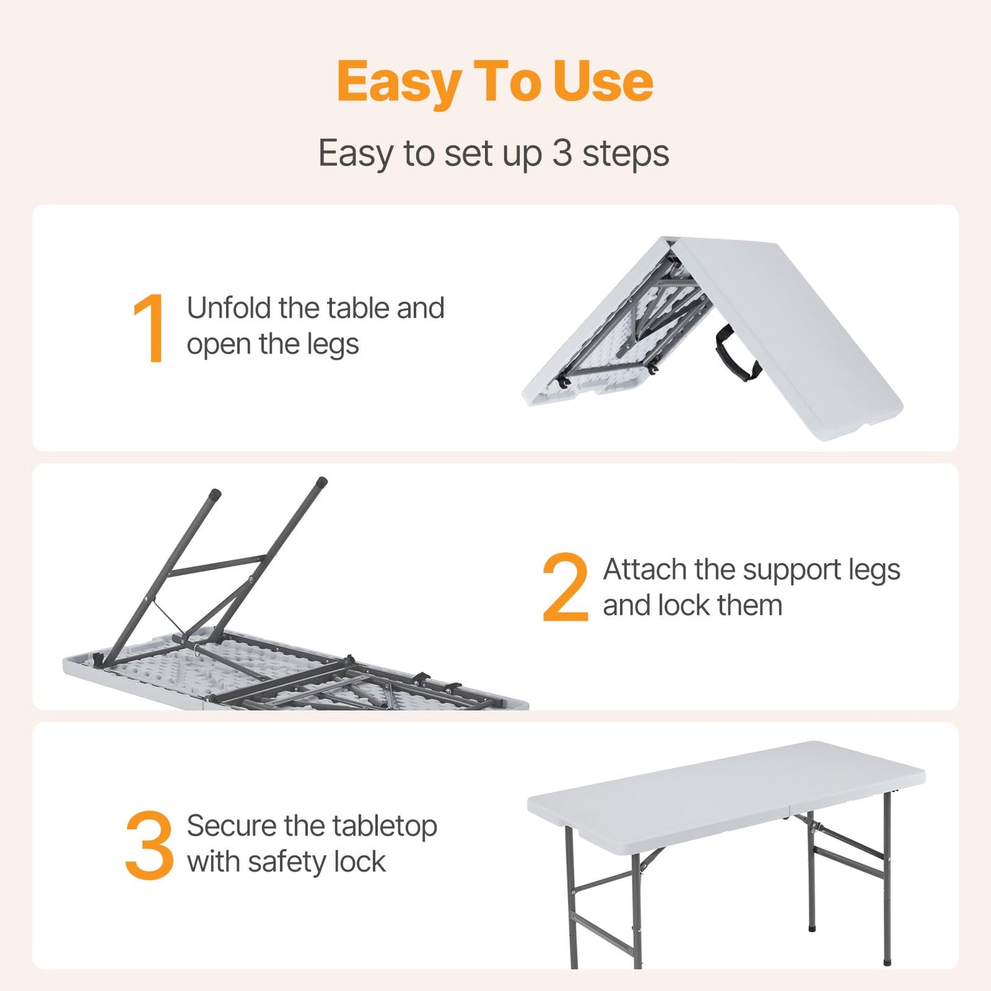 NEWBULIG 4 FT Foldable Table Easy to Fold and Store, Folding Picnic Table for Picnic Camping Kitchen Dining Party Outdoor Indoor with Carrying Handle, White