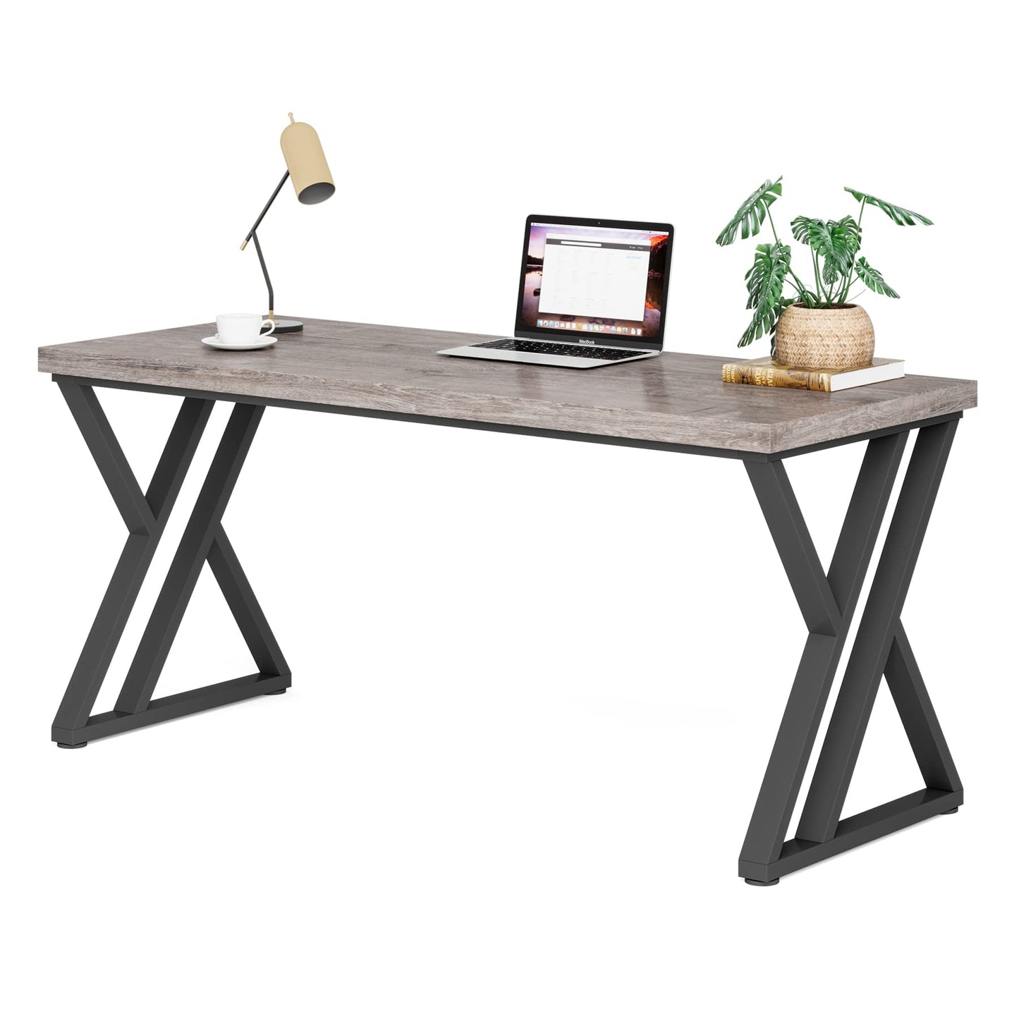 LITTLE TREE 55 Inch Large Simple Industrial Computer Desk Study Writing Table Home Office Workstation,Grey