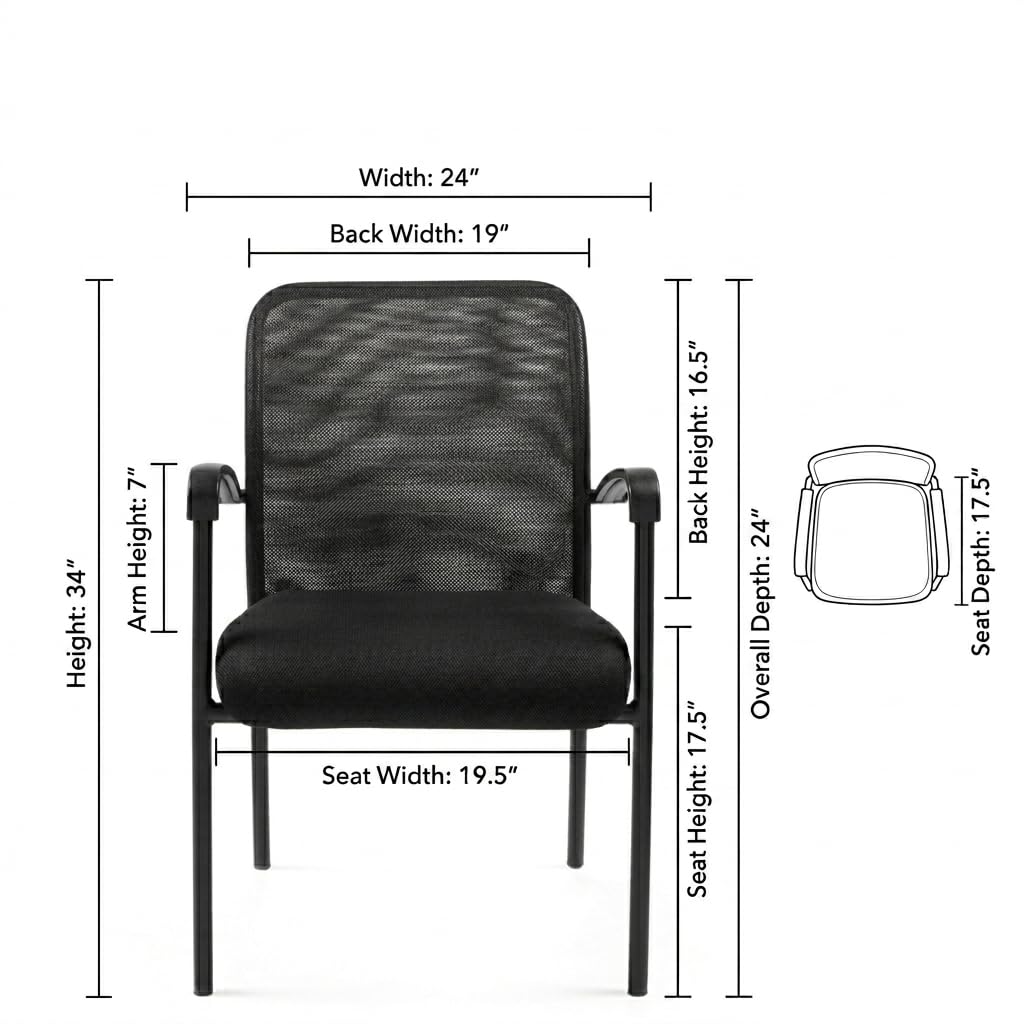 Heavy Duty Mesh Back Guest Chair, Breathable Mesh Seat, Waterfall Edge, Molded Arms, Black Four Leg Frame, GREENGUARD Certified Office Chair