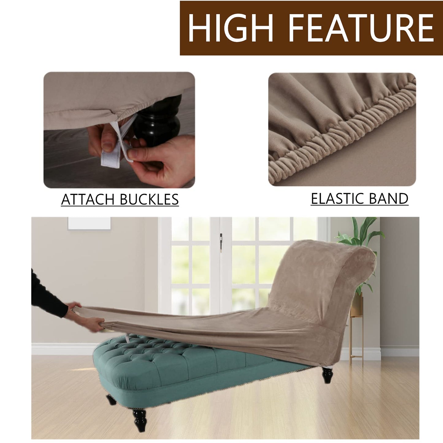 GAMUKAI Luxury Velvet Chaise Lounge Slipcover – High-Stretch, Machine Washable Cover for Armless Chaises – Indoor Chaise Cover for Living Room, Sofa, Bedroom (Taupe)