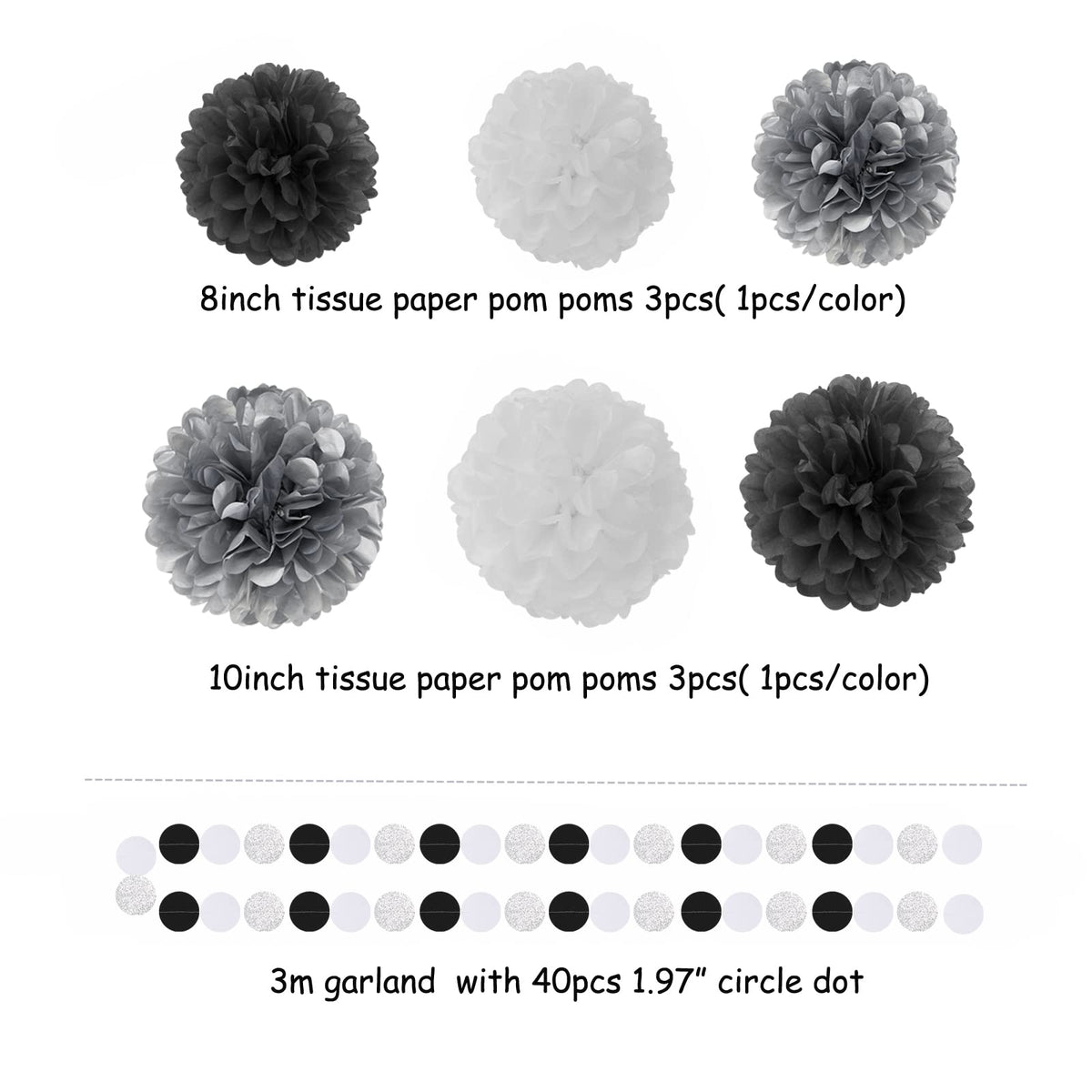 Black White Silver Party-Decorations Streamers - 23pcs Tissue Pom Poms, Graduation Men Boys Birthday Tassel Garland Banner,Wedding Baby Bridal Shower New Years Decor Lasting Surprise