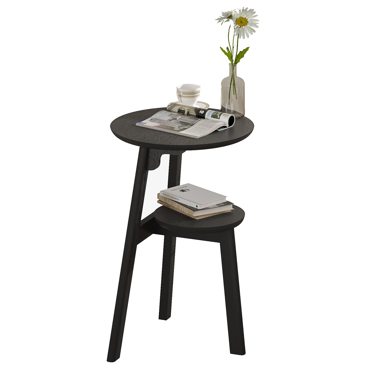 ChooChoo Round End Table for Small Spaces, Narrow Side Table, Accent Table Night Stand with 2 Tier Shelf for Bedroom and Living Room, Black